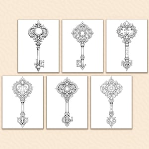 Preview slide displaying six unique key designs in black and white. Each key features intricate details and fantasy-inspired elements, making them perfect for coloring enthusiasts who enjoy intricate patterns.