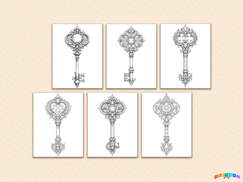 Preview slide displaying six unique key designs in black and white. Each key features intricate details and fantasy-inspired elements, making them perfect for coloring enthusiasts who enjoy intricate patterns.