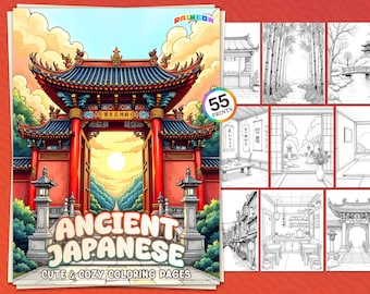55 Ancient Japanese: Coloring Book, Japan Coloring Pages for Adults, Printable PDF, Instant Download, Mindfulness, Fun and Stress Relief