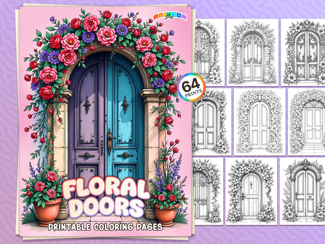 64 Floral Doors: Coloring Book, Fantasy Botanical, Flowers Door ...
