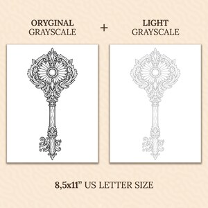 Side-by-side comparison of original grayscale and light grayscale versions of a key coloring page. Demonstrates the difference in line intensity, offering options for varied coloring preferences. Pages are shown in US Letter size format.