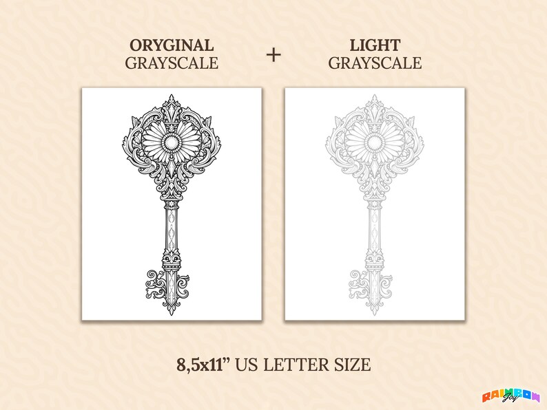 Side-by-side comparison of original grayscale and light grayscale versions of a key coloring page. Demonstrates the difference in line intensity, offering options for varied coloring preferences. Pages are shown in US Letter size format.