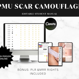 Puede incluir: Un manual digital para el camuflaje de cicatrices PMU, que se muestra en un monitor de computadora y tabletas. La imagen incluye el texto "PMU SCAR CAMOUFLAGE" y "EDITABLE STUDENT MANUAL". También incluye el texto "TRAIN IN PERSON OR ONLINE".