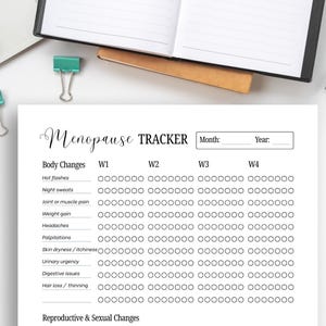 Op de afbeelding: Een wit Menopause Tracker-blad met een gedetailleerde lay-out voor het volgen van lichaamsveranderingen en reproductieve veranderingen. Het blad ligt op een wit oppervlak met een laptop, een bril en kantoorbenodigdheden.