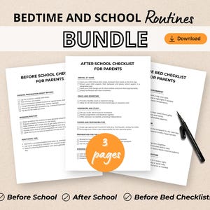 Peut inclure: Un ensemble de trois listes de contrôle pour les parents, intitulé "Routines du coucher et de l'école". Les listes de contrôle comprennent les routines "Avant l'école", "Après l'école" et "Avant le coucher". Un stylo noir repose sur le côté droit des listes.