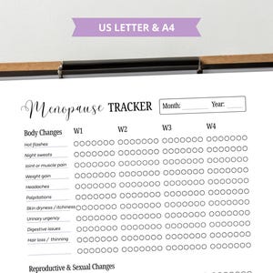 May include: A printable menopause tracker on a clipboard. The document includes sections for tracking body changes such as hot flashes, night sweats, and weight gain, with space to record weekly progress. The top of the page reads "Menopause TRACKER".
