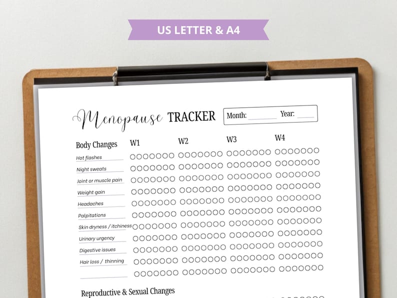 May include: A printable menopause tracker on a clipboard. The document includes sections for tracking body changes such as hot flashes, night sweats, and weight gain, with space to record weekly progress. The top of the page reads "Menopause TRACKER".