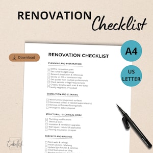 May include: A white "Renovation Checklist" printable document with a black pen, A4 and US Letter size options. The checklist includes sections for planning, demolition, structural work, and finishes. The word "Download" is visible.