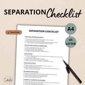 Peut inclure: Un document imprimé "Liste de contrôle de séparation" avec du texte noir, un stylo noir et un bouton de téléchargement. La liste de contrôle couvre les aspects émotionnels, pratiques, juridiques, financiers et numériques. Les formats A4 et US Letter sont indiqués.