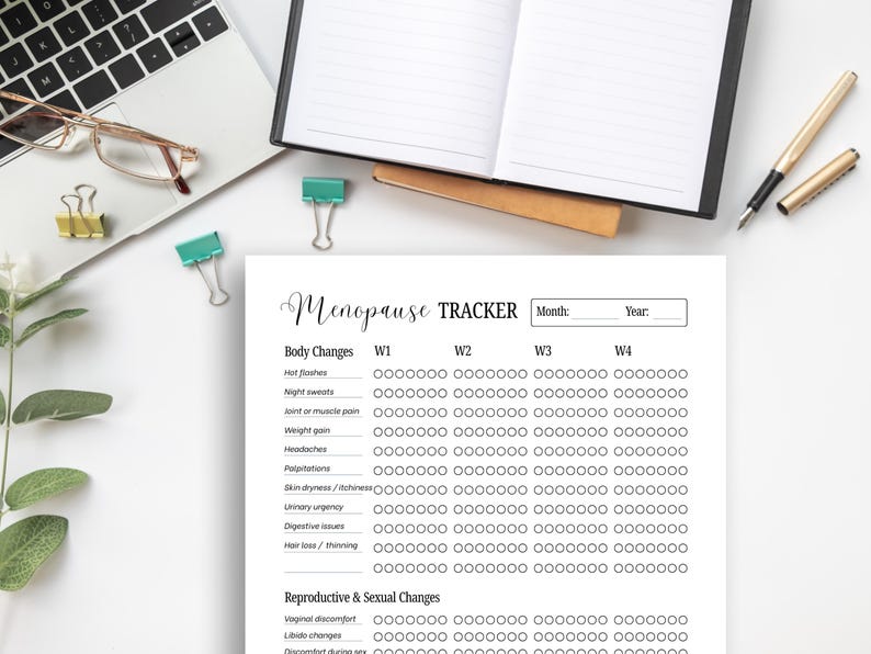 May include: A white Menopause Tracker sheet with a detailed layout for tracking body changes and reproductive changes. The sheet is on a white surface with a laptop, glasses, and office supplies.