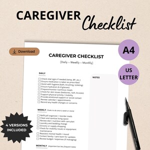May include: A caregiver checklist with daily, weekly, and monthly tasks. The document includes sections for notes and is available in A4 and US Letter sizes. A black pen rests on the right side of the page. The words "Caregiver Checklist" are at the top.