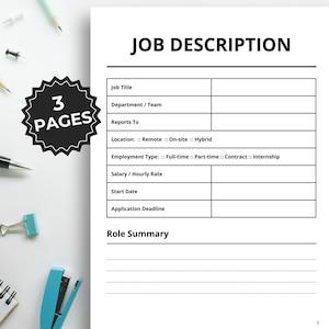 Può includere: Un documento bianco intitolato "JOB DESCRIPTION" con campi per titolo di lavoro, dipartimento, rapporti a, sede, tipo di impiego, stipendio, data di inizio e scadenza della domanda. Un adesivo in bianco e nero "3 PAGES" è nell'immagine.