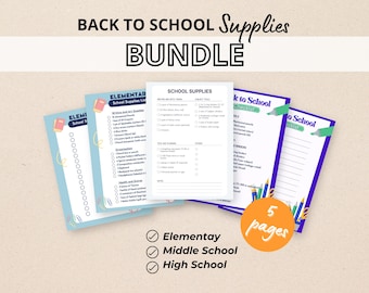 May include: A bundle of school supply lists for elementary, middle, and high school. The lists are on white paper with blue, purple, and green accents. The image includes the text "BACK TO SCHOOL Supplies BUNDLE" and "5 pages".