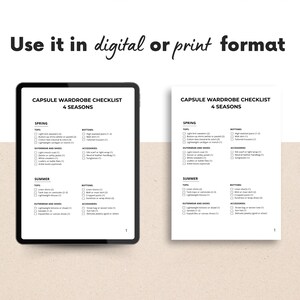 May include: A digital tablet and a printed page display a capsule wardrobe checklist for four seasons. The checklist includes categories for tops, bottoms, outerwear, shoes, and accessories. The text "Use it in digital or print format" is at the top.