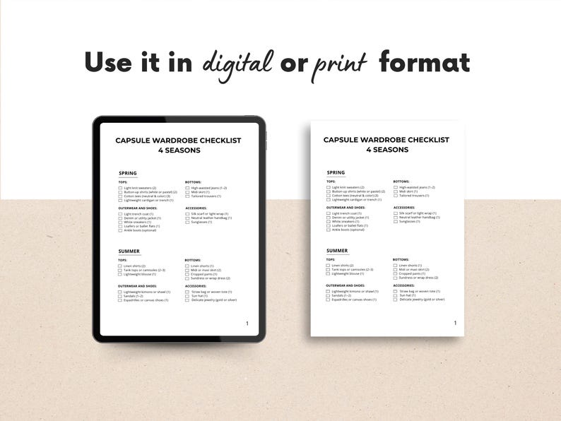 May include: A digital tablet and a printed page display a capsule wardrobe checklist for four seasons. The checklist includes categories for tops, bottoms, outerwear, shoes, and accessories. The text "Use it in digital or print format" is at the top.