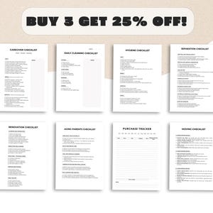 May include: A collection of eight white checklists with black text, including "Caregiver Checklist," "Daily Cleaning Checklist," and "Moving Checklist." The text "BUY 3 GET 25% OFF!" is at the top. The checklists are on a light beige background.