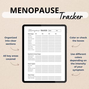 May include: A digital menopause tracker on a tablet, featuring sections for body changes, mood, and sleep. The tracker includes checkboxes for tracking symptoms and allows for color-coding based on intensity. The text "MENOPAUSE Tracker" is at the top.
