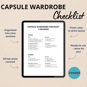 May include: A digital capsule wardrobe checklist displayed on a tablet. The checklist is divided into sections for each season, with lists of clothing items. Text includes "Capsule Wardrobe Checklist" and "4 Seasons". The layout is clean and easy to print.