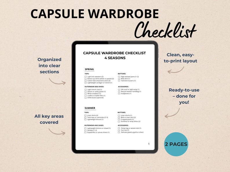 May include: A digital capsule wardrobe checklist displayed on a tablet. The checklist is divided into sections for each season, with lists of clothing items. Text includes "Capsule Wardrobe Checklist" and "4 Seasons". The layout is clean and easy to print.
