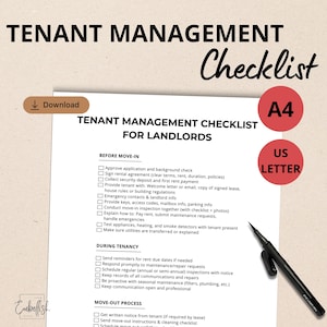 May include: A tenant management checklist for landlords, with sections for before move-in, during tenancy, and move-out processes. Includes A4 and US Letter size options. A black pen rests on the document.