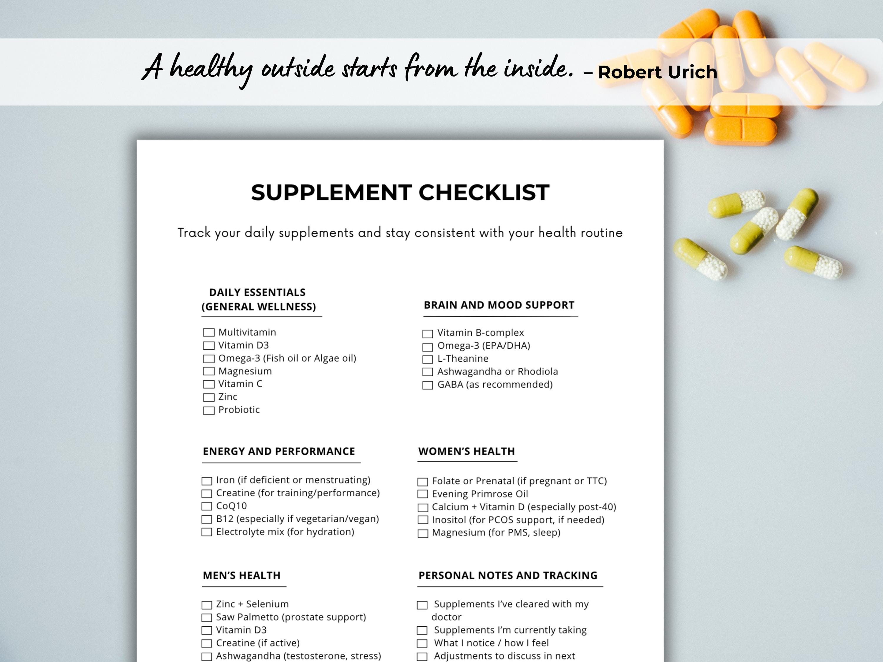 Supplement Checklist, Food Complement Guide, Brain, Energy, Motivation ...