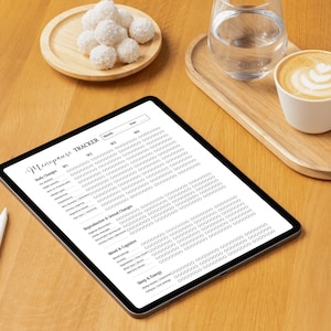 May include: A digital tablet displaying a "Menopause Tracker" form, alongside a white stylus. The image includes a wooden tray with a glass of water and a cup of coffee with latte art, and a small plate of coconut macaroons.