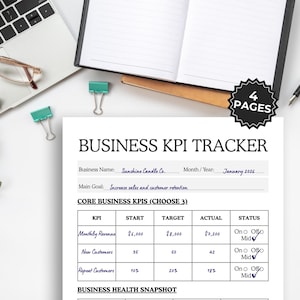 Puede incluir: Un rastreador de KPI de negocios con el título "BUSINESS KPI TRACKER" para "Sunshine Candle Co.". El rastreador incluye secciones para los ingresos mensuales, los nuevos clientes y los clientes recurrentes. También se ven un portátil, gafas y bolígrafos.