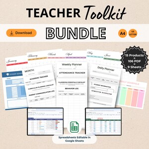 Può includere: Un pacchetto di strumenti per insegnanti con il titolo "Teacher Toolkit BUNDLE" in nero. Il pacchetto include 15 prodotti, 106 PDF e 9 fogli. Include un pianificatore mensile, settimanale e giornaliero. Fogli di calcolo modificabili in Google Sheets.