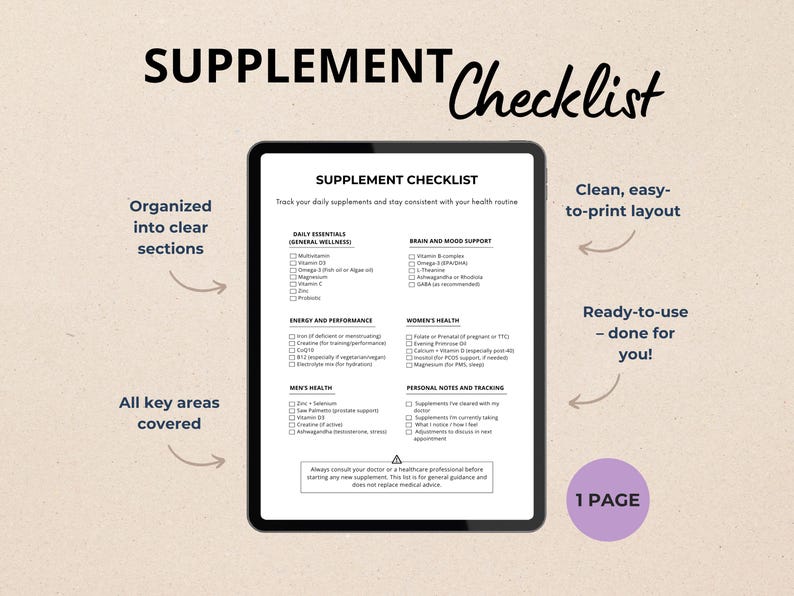 Supplement List.pdf Supplement Checklist, Food Complement Guide, Brain, Energy, Motivation ...