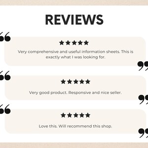 May include: Image with the word "REVIEWS" in bold black font. Three customer reviews are displayed in beige boxes with black quotation marks and star ratings. The reviews praise the product and seller.