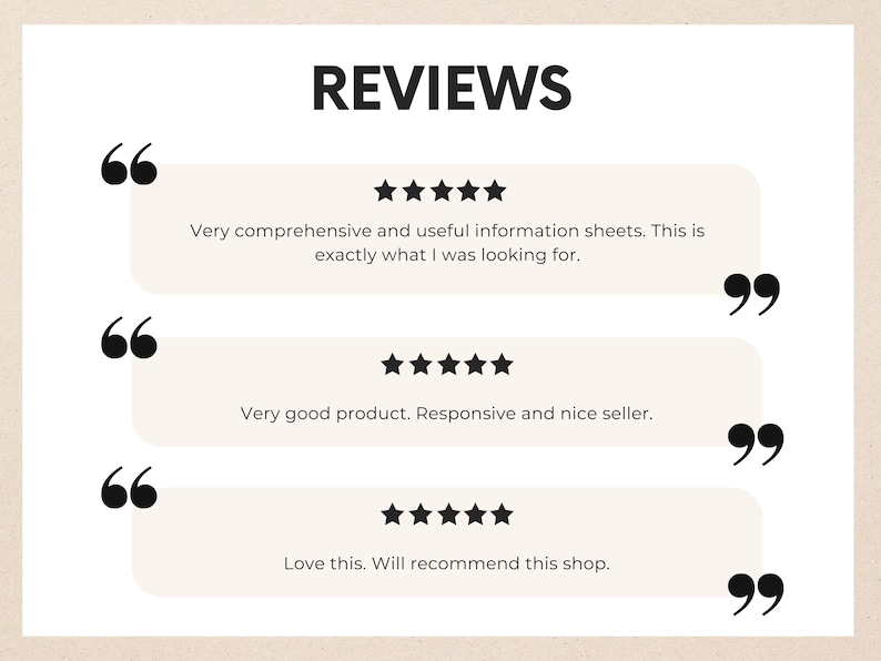 May include: Image with the word "REVIEWS" in bold black font. Three customer reviews are displayed in beige boxes with black quotation marks and star ratings. The reviews praise the product and seller.