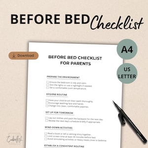 Peut inclure: Une liste de contrôle avant le coucher pour les parents, avec des sections pour préparer l'environnement, la routine d'hygiène, la préparation pour le lendemain et les activités de détente. Le document est disponible en formats A4 et US Letter.