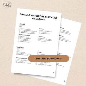 May include: A white capsule wardrobe checklist for four seasons, with sections for Spring and Summer clothing. The checklist includes tops, bottoms, outerwear, shoes, and accessories. The words "Instant Download" are visible.