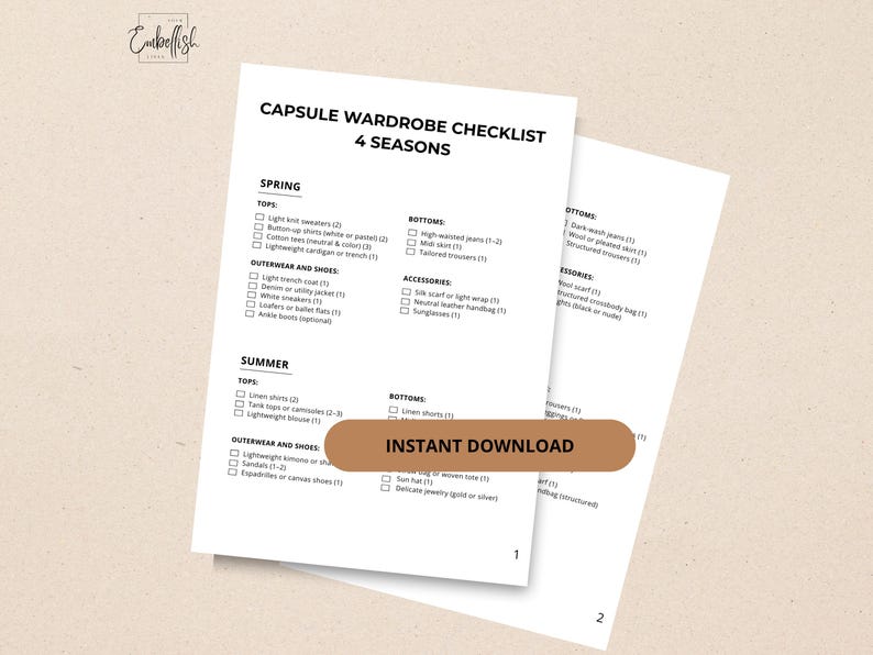 May include: A white capsule wardrobe checklist for four seasons, with sections for Spring and Summer clothing. The checklist includes tops, bottoms, outerwear, shoes, and accessories. The words "Instant Download" are visible.
