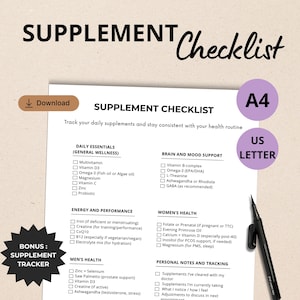 May include: A white paper titled "SUPPLEMENT CHECKLIST" with a black pen and a download button. The checklist includes sections for daily essentials, brain and mood support, and women's health. It also has a bonus supplement tracker.