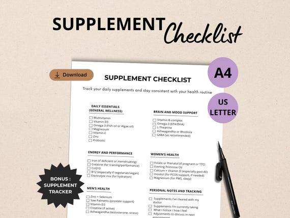 Liste de contrôle pour suppléments, guide compléments alimentaires, cerveau, énergie, motivation, suivi des vitamines pour hommes et femmes