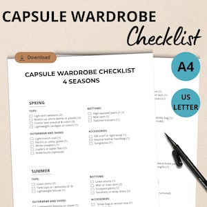 Könnte beinhalten: Eine Capsule-Wardrobe-Checkliste für vier Jahreszeiten, mit Kategorien für Frühling- und Sommerkleidung. Enthält Oberteile, Unterteile, Oberbekleidung, Schuhe und Accessoires. Das Dokument ist auf A4-Papier gedruckt.