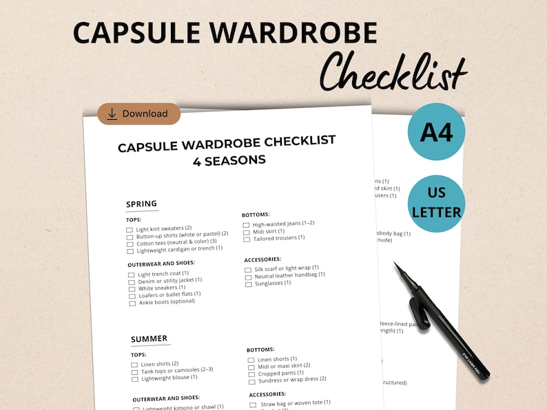 May include: A capsule wardrobe checklist for four seasons, with spring and summer clothing categories. Includes tops, bottoms, outerwear, shoes, and accessories. The document is printed on US Letter paper.