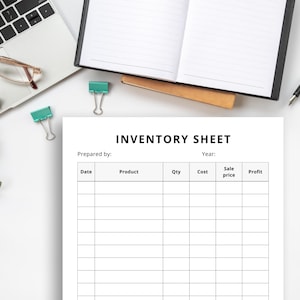 May include: An overhead shot of a workspace with an inventory sheet, a laptop, glasses, pens, and binder clips. The inventory sheet is white with black text and a grid for data entry. The text "INVENTORY SHEET" is at the top.