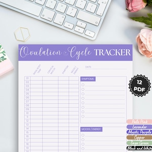 Può includere: Un tracker del ciclo di ovulazione lilla e bianco con spazio per registrare la temperatura basale, il muco cervicale, i sintomi e gli stati d'animo. Include un'opzione 12 PDF e opzioni di colore.