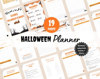May include: A Halloween planner with 19 pages, featuring templates for party planning, costumes, and activities. The planner includes a bonus labyrinth game and menu ideas. The design incorporates Halloween-themed graphics and text.