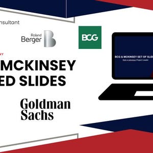Könnte beinhalten: Ein Laptop-Bildschirm zeigt eine Präsentation mit dem Titel "BCG & McKinsey Set of Slides". Die Präsentation hat ein rotes und schwarzes Farbschema. Der Laptop ist von Logos von Beratungsunternehmen umgeben, darunter BCG, McKinsey & Company, Bain & Company, Roland Berger und Goldman Sachs.