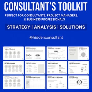 Peut inclure: Visuel bleu avec le texte "CONSULTANT'S TOOLKIT" et "STRATEGY | ANALYSIS | SOLUTIONS". L'image comprend plusieurs diapositives avec des titres tels que "Table of Content", "Introduction" et "Sales Forecast". Le compte @hiddenconsultant est également visible.