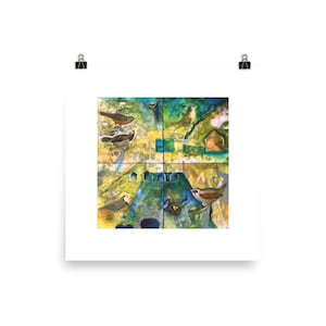 May include: A colorful abstract painting featuring a variety of birds in a green and yellow landscape. The painting is divided into nine squares, each with a different scene. The birds are depicted in various poses, some flying, some perched, and some nesting. The painting is a celebration of nature and the beauty of birds.