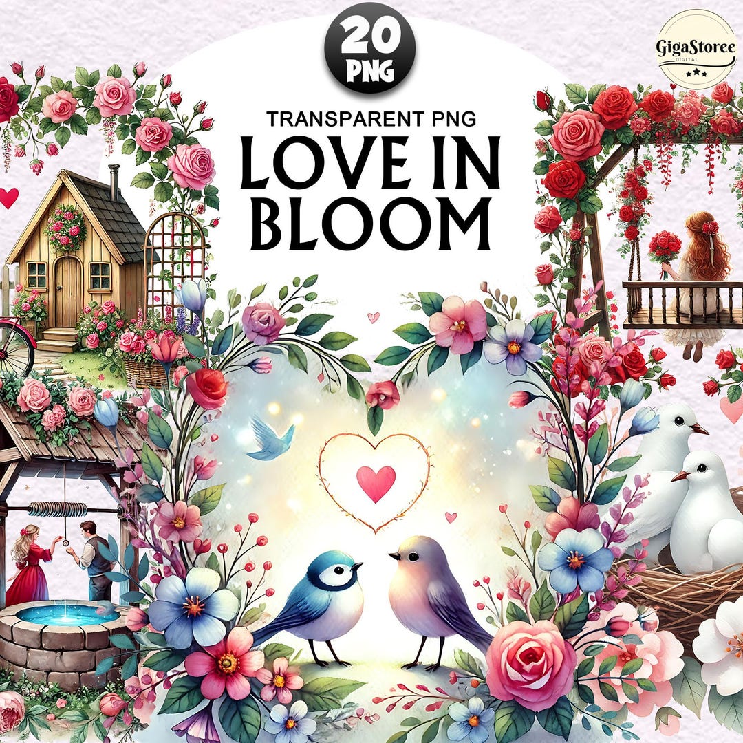 20 Watercolor Love in Bloom Clipart, Valentine Floral Garden Png Bundle ...