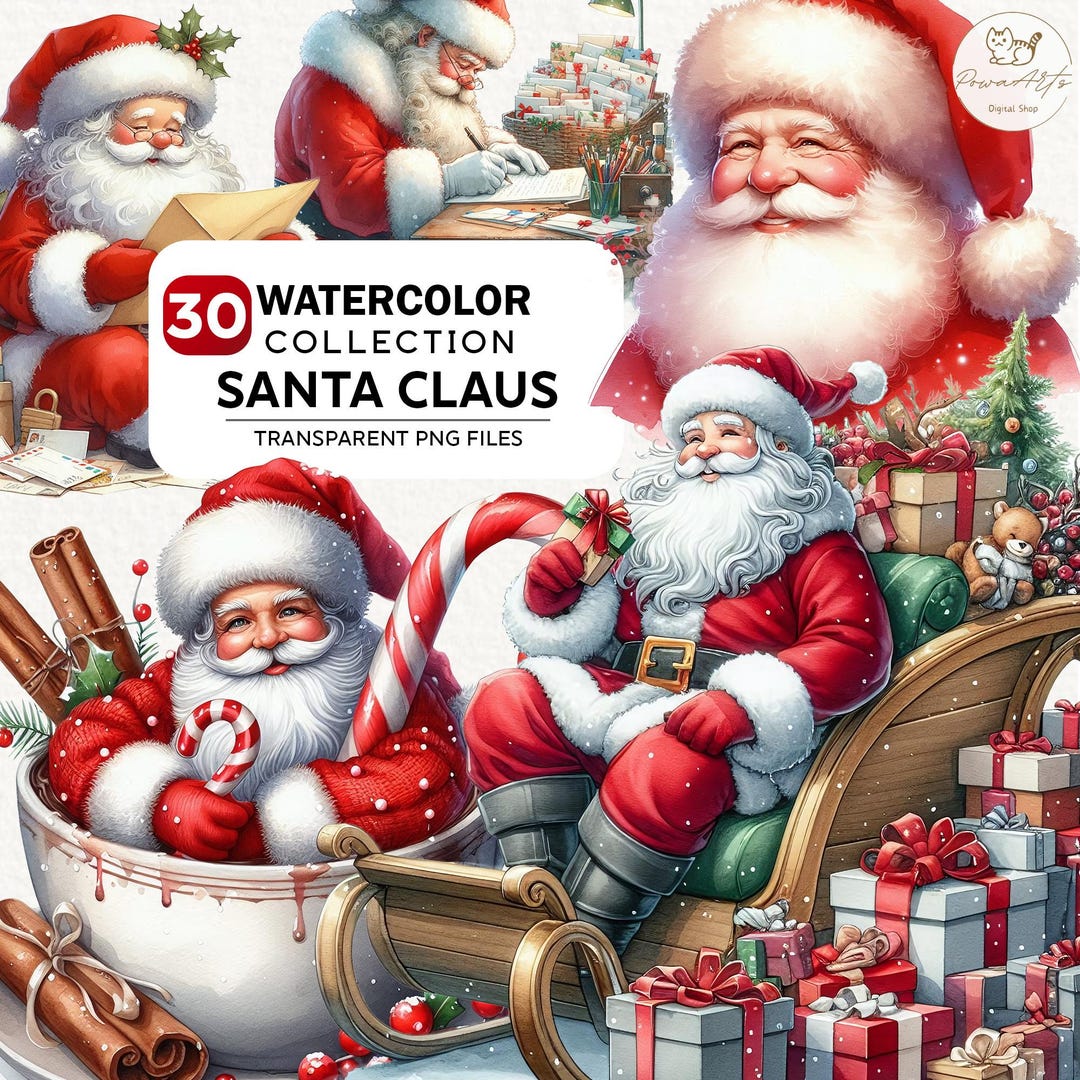 30 Watercolor Santa Claus Clipart Bundle, Christmas Santa Claus Png ...