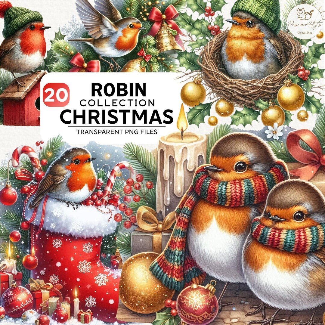 20 Watercolor Christmas Robin Clipart Bundle, Christmas Bird Png ...