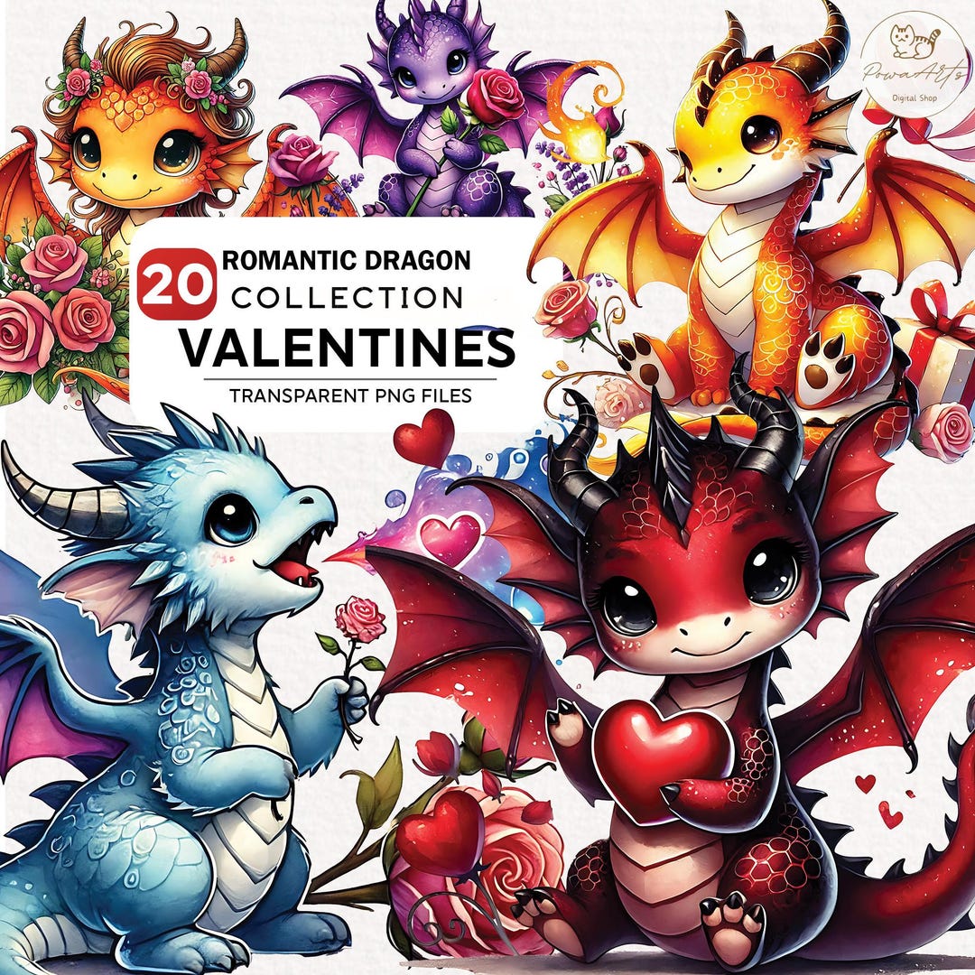 20 Watercolor Lovey Dragon Clipart Bundle, Romantic Dragon Png ...