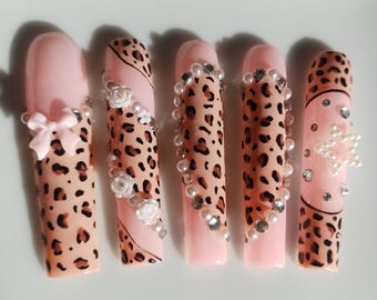 Benutzerdefinierte wiederverwendbare Animal Print Press on Nails | Y2K Strass Leopard Print False Nails | Valentinstag Maniküre Geschenk