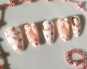 Coquette Pink Floral Press On Nails | Custom Valentine's Day Bow False Nails | Vday Gift for Her